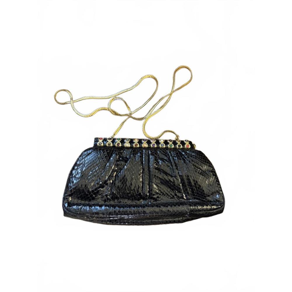 Vintage Black Snakeskin Leather Handbag with Gold Chain and Gemstone Accents